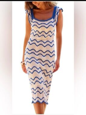 SKIES ARE BLUE - Cream & Blue Crochet Wave Midi Dress